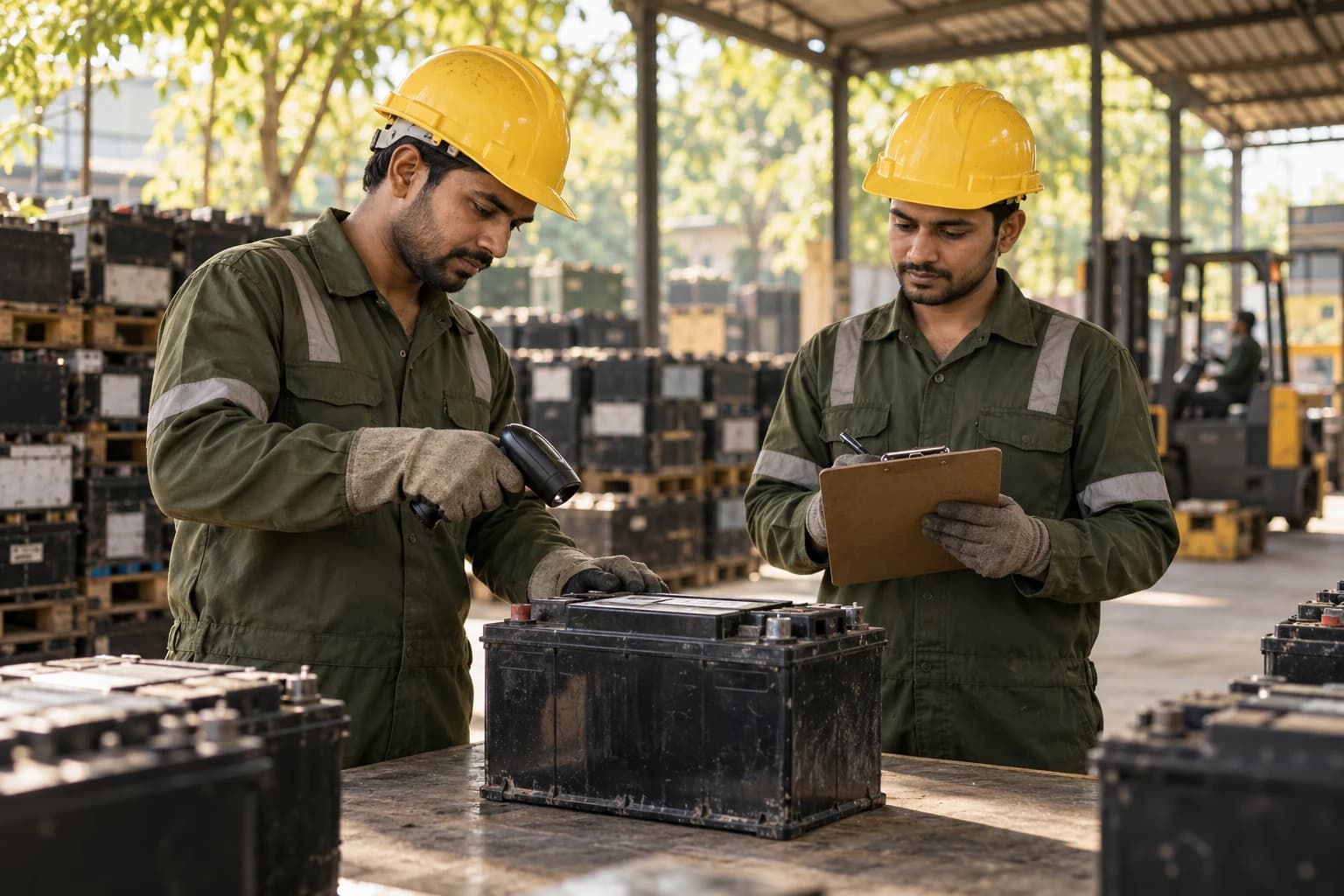 Illustrative view of collection operators scanning an intact battery at a depot
