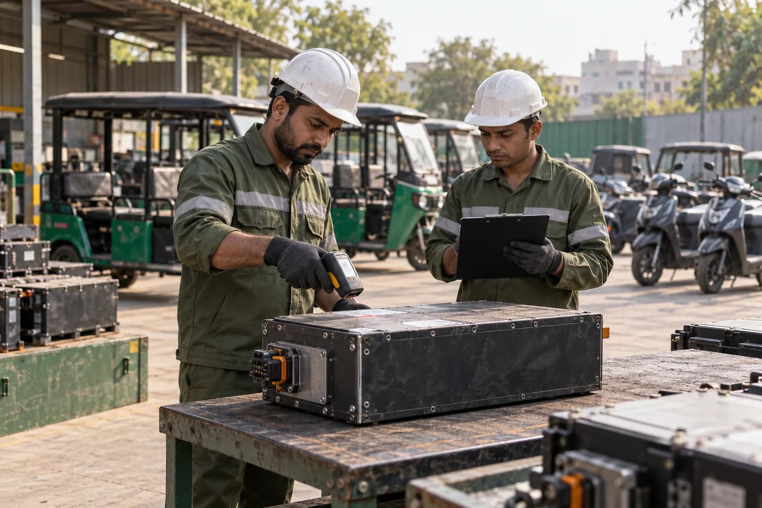 Illustrative view of collection operators scanning a sealed lithium-ion EV pack at a depot