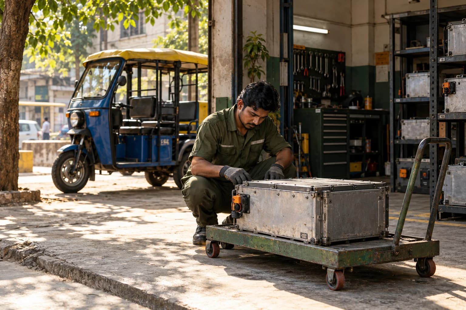 Illustrative view of a mechanic examining a metal-cased lithium-ion pack at an EV workshop