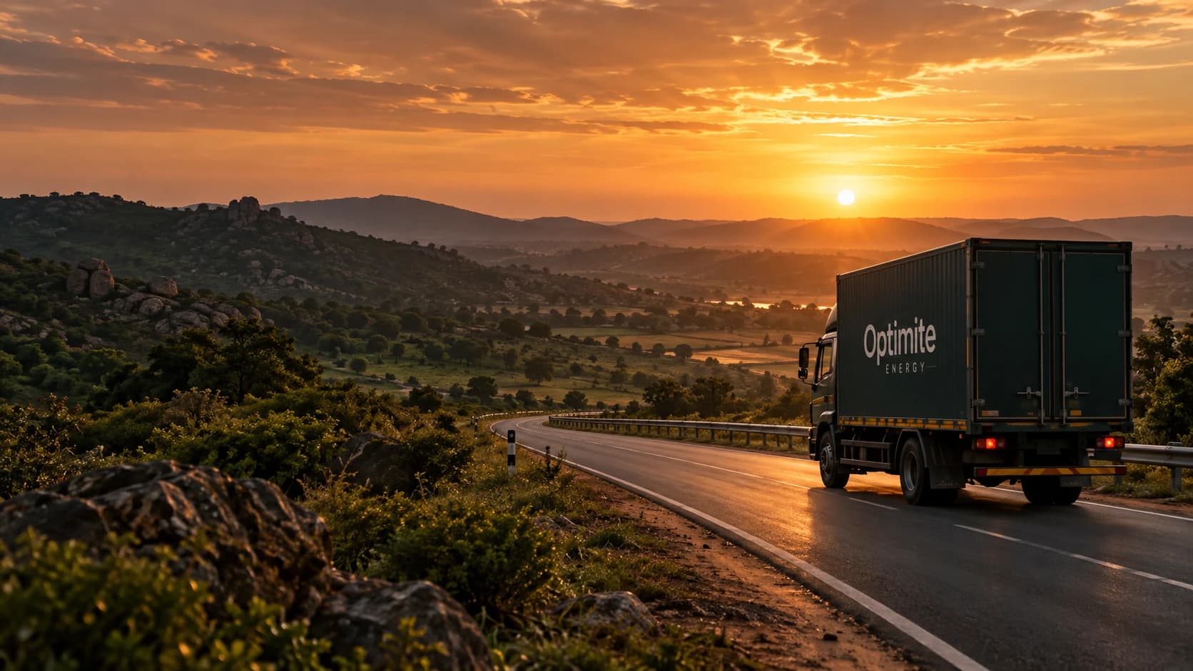 Conceptual view of an Optimite Energy logistics truck on an Indian road at sunset