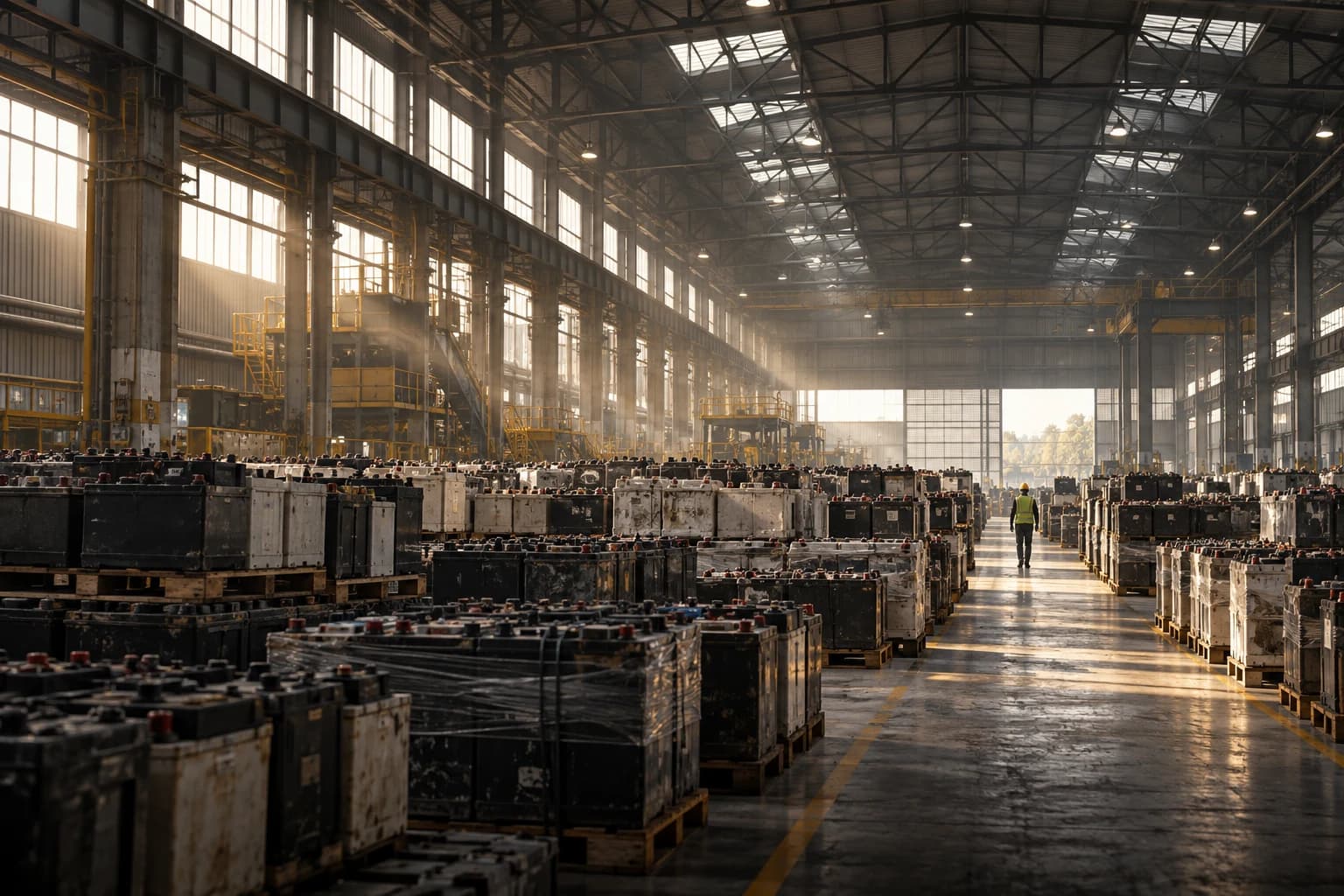 Conceptual view of a large battery receiving hall, organised material and industrial roof trusses