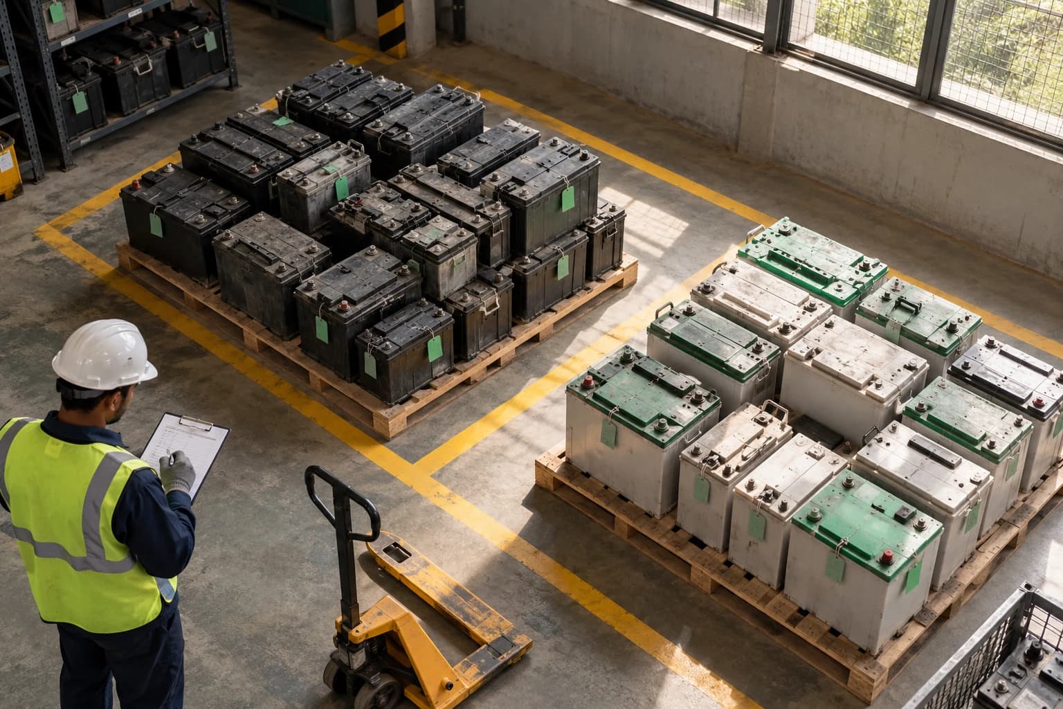 Illustrative overhead view of sorted battery pallets in a consolidation bay
