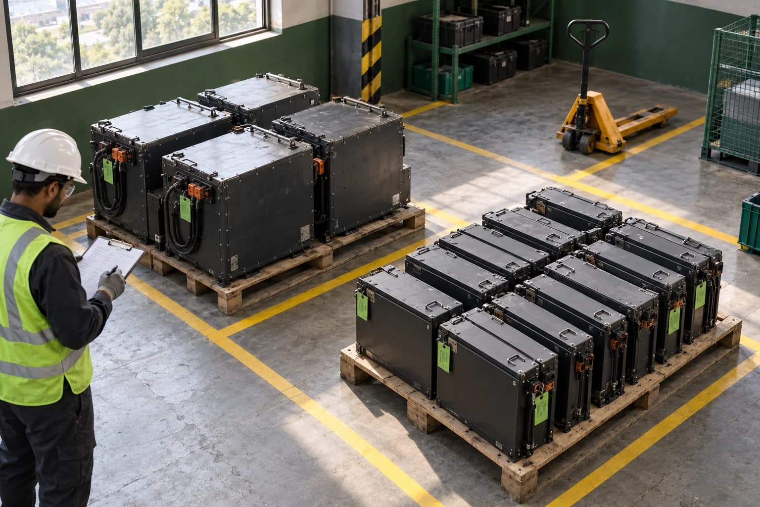 Illustrative overhead view of battery packs sorted into separate groups on pallets in a consolidation bay