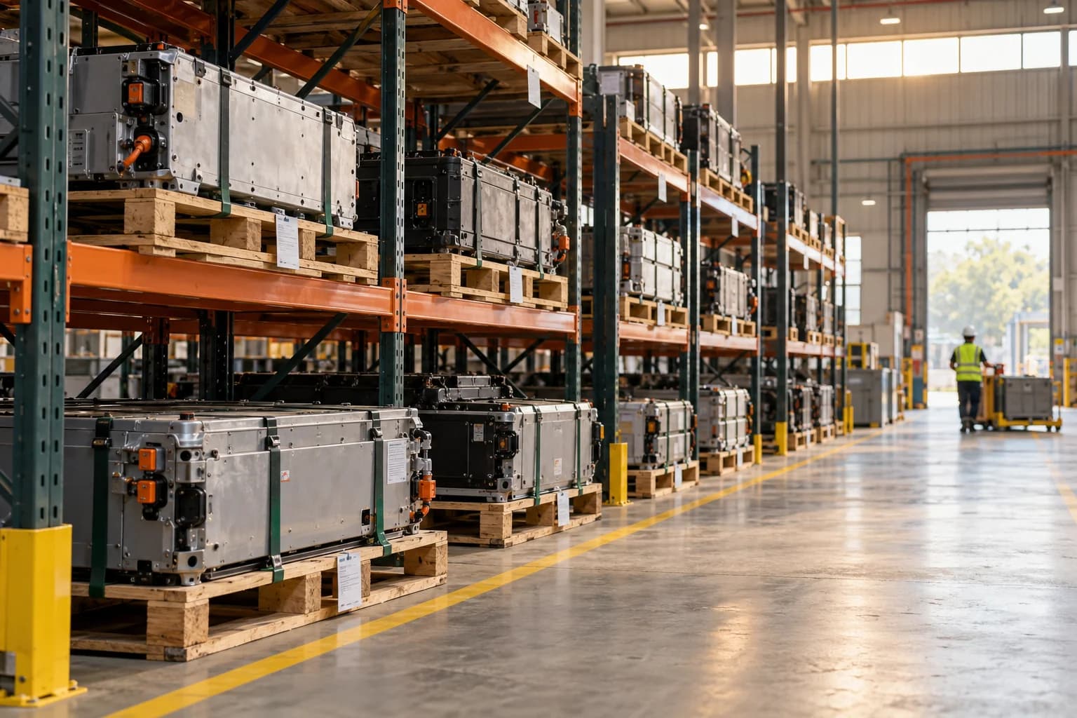 Illustrative view of sealed lithium-ion EV packs on strapped pallets in warehouse racking