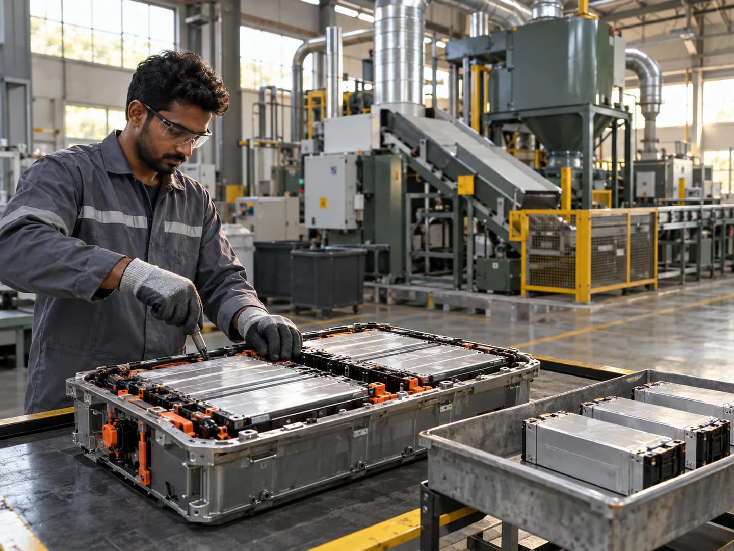Conceptual view of a technician dismantling a lithium-ion EV battery pack at a recycling processing workstation