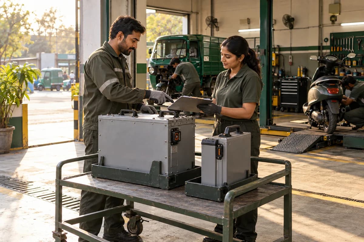 Illustrative view of a documented lithium-ion pack handover at an EV dealer service bay