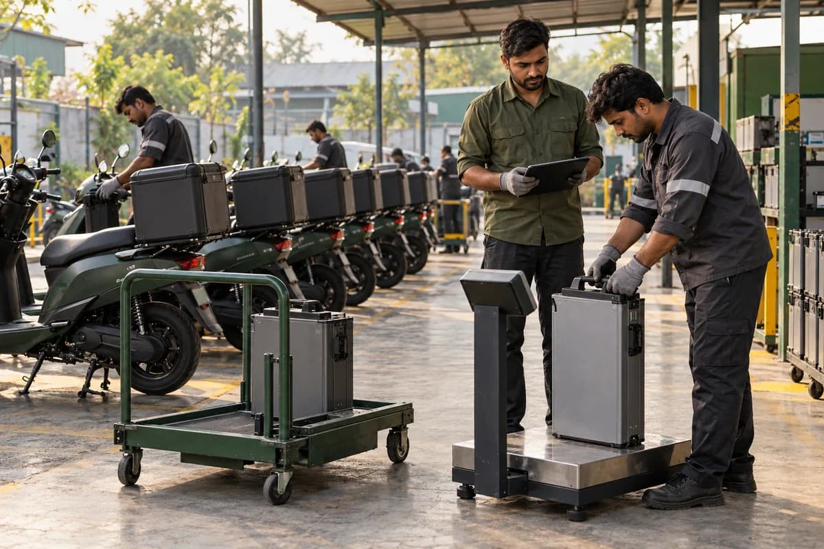 काल्पनिक चित्र: हब पर एक लिथियम-आयन बैटरी कांटे पर तौली जा रही है, पीछे इलेक्ट्रिक स्कूटर