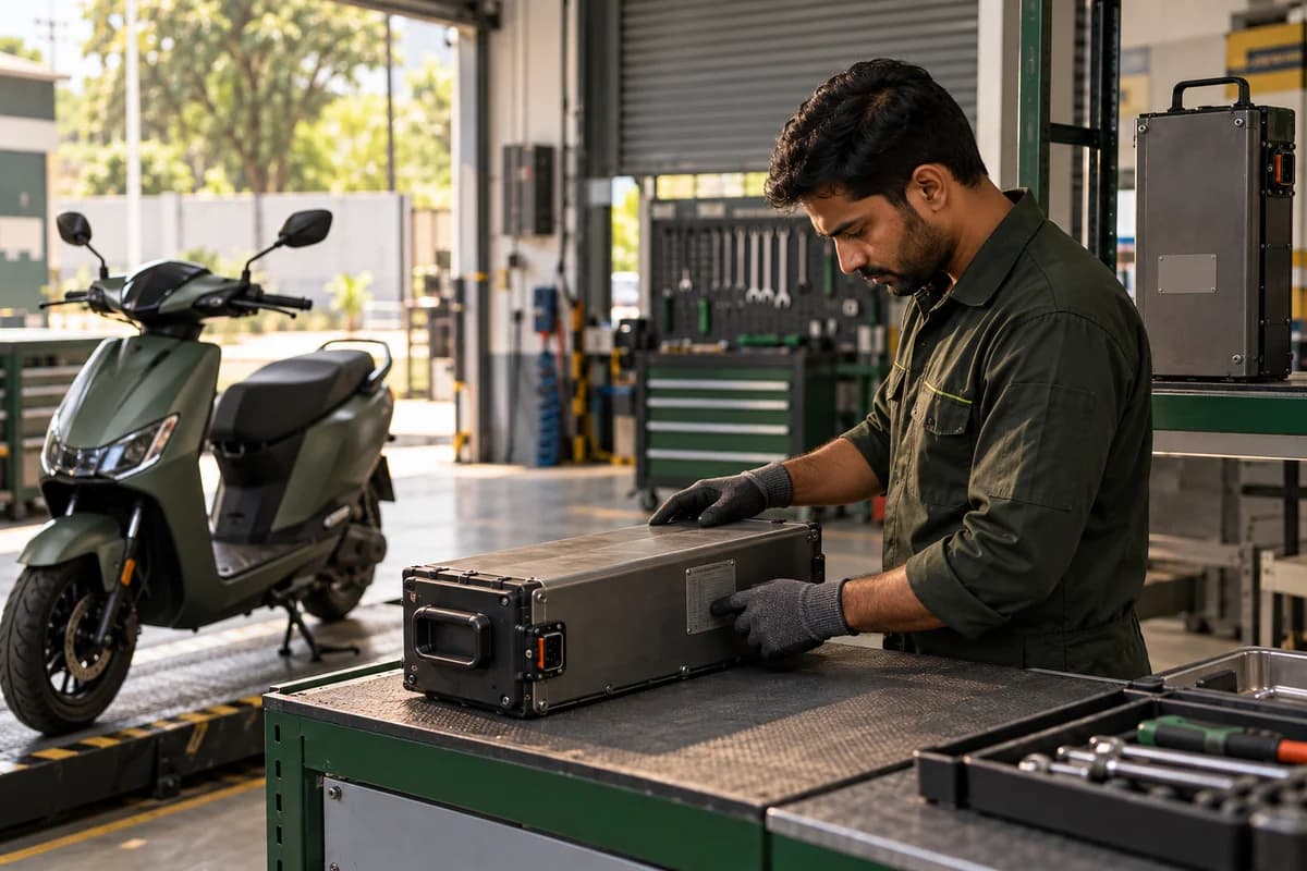 Illustrative view of a technician inspecting a sealed lithium-ion scooter pack in an EV service bay