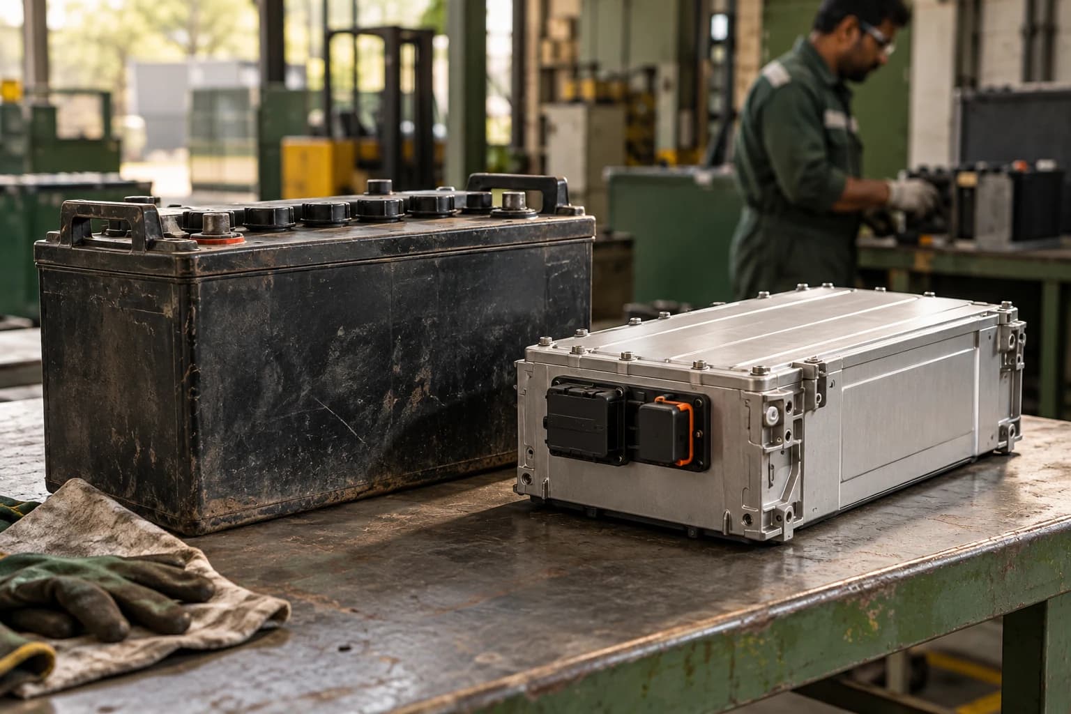 Illustrative comparison of enclosed lead-acid and lithium battery packs on an inspection bench