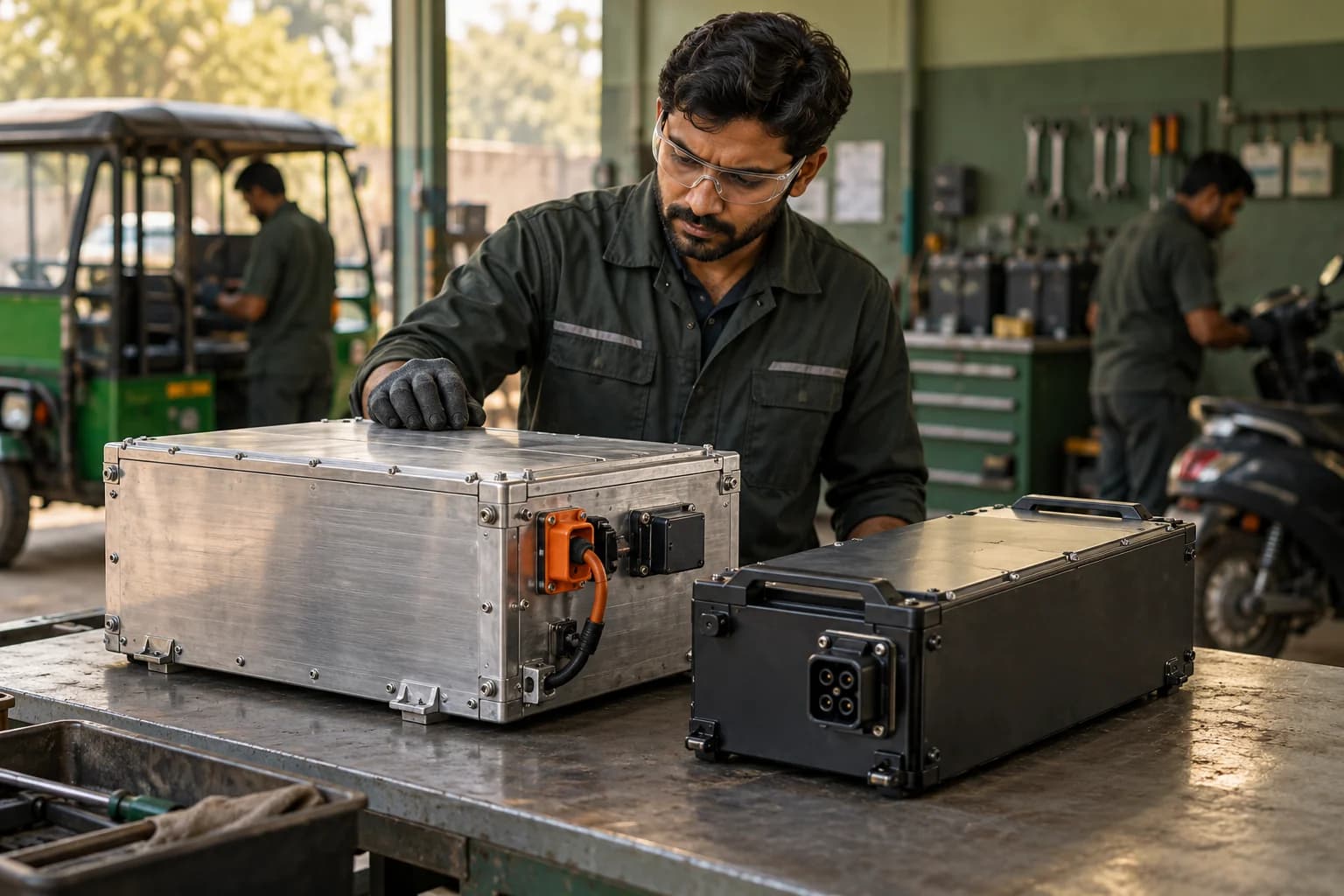 Illustrative view of two lithium-ion EV packs on an inspection bench