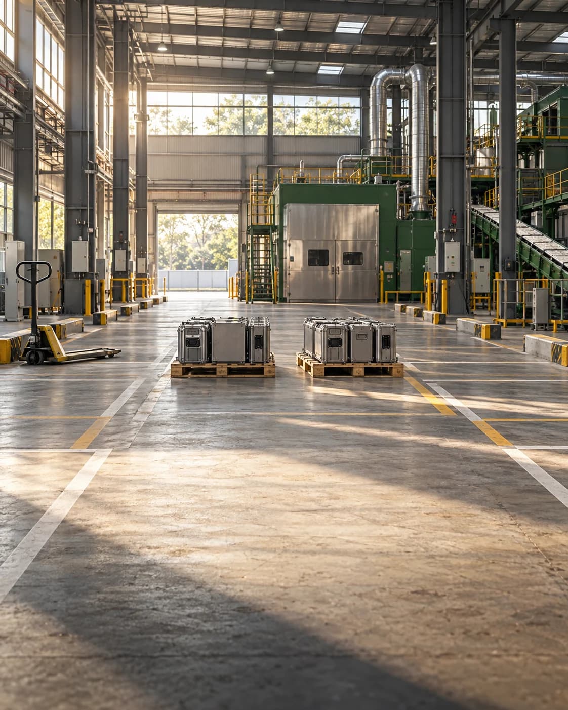 Illustrative view of a battery recycling receiving hall with pallets of lithium-ion packs