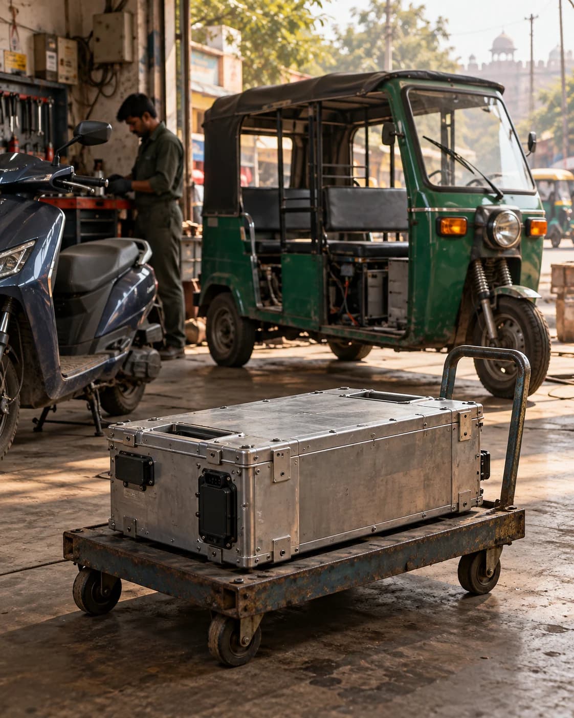Illustrative view of a retired lithium-ion EV pack on a trolley at an EV service workshop