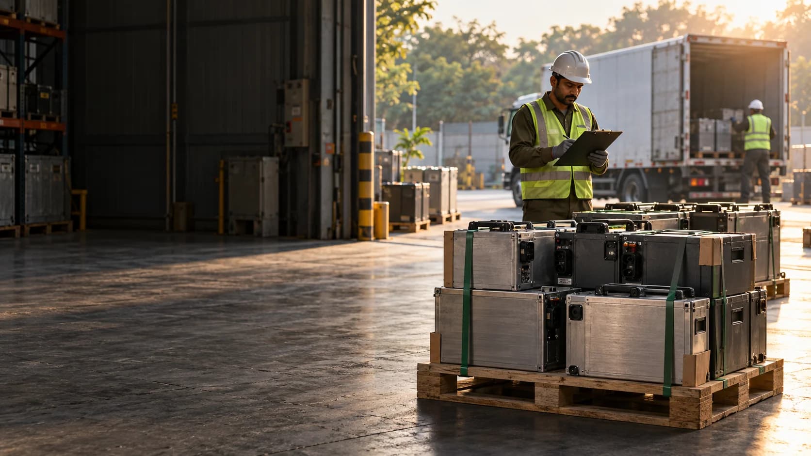 Conceptual view of an inspector checking a pallet of lithium-ion packs against a clipboard at a recycler's receiving gate